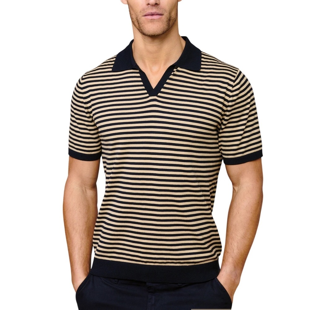 RAITH Privia Knitted Open Neck Polo Beige Navy Striped Cotton Shirt Mens L NEW
